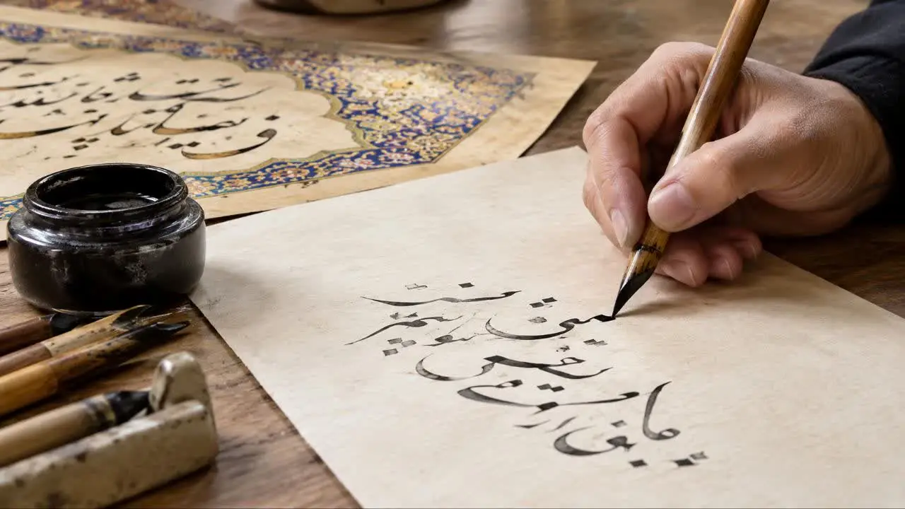 نوشتن حروف فارسی با قلم نی روی کاغذ خوشنویسی