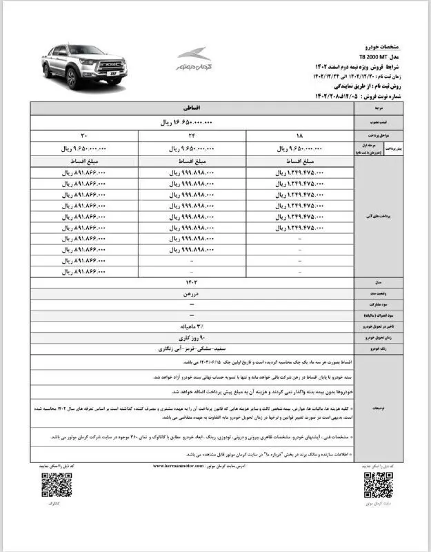 فروش اقساطی سه محصول کرمان موتور اعلام شد