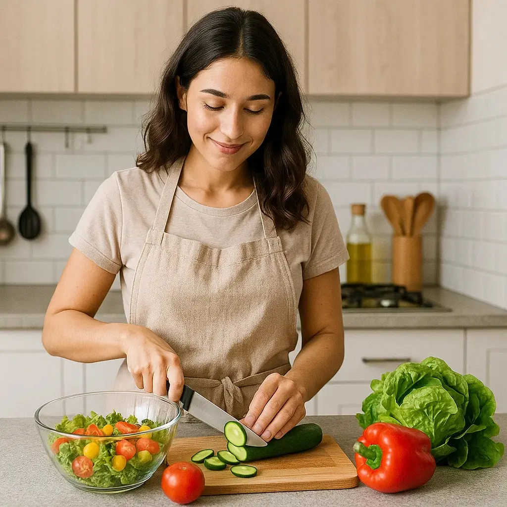 برش خیار تازه برای سالاد سبزیجات؛ تصویری مرتبط با خواص خیار و رژیم غذایی سالم