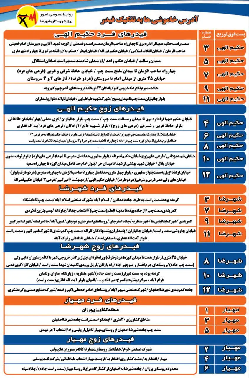 جدول مناطق قطع برق شهرضا
