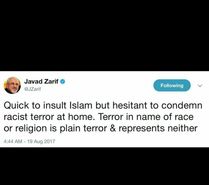 ظریف: تروریسم به نام نژاد یا مذهب، تروریسم است و نماینده هیچ‌یک نیست