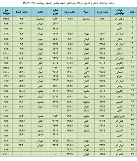 فهرست پروازهای فرودگاه بین المللی شهید بهشتی اصفهان، شنبه 21 دی