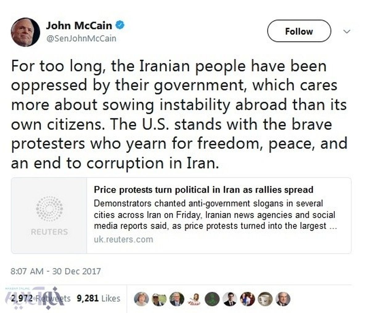 توئیت جان مک‌کین درباره تحولات داخلی ایران