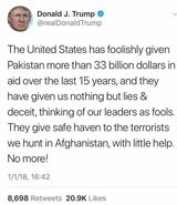 نخستین توئیت ترامپ در سال ۲۰۱۸ درباره افغانستان و پاکستان