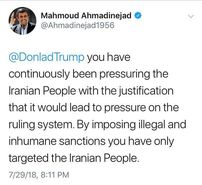 توییت احمدی نژاد به ترامپ درباره تحریم‌ها