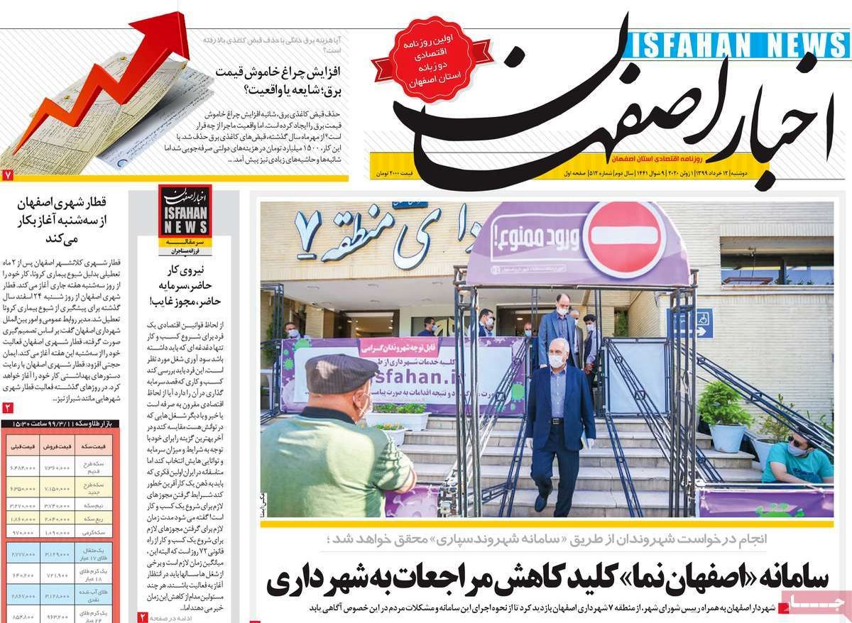 صفحه نخست روزنامه‌های امروز اصفهان دوشنبه 12 خرداد 99