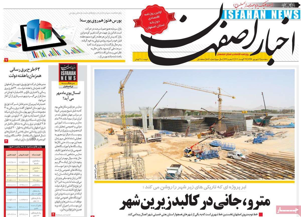 صفحه نخست روزنامه‌های امروز اصفهان پنجشنبه6 شهریور 99
