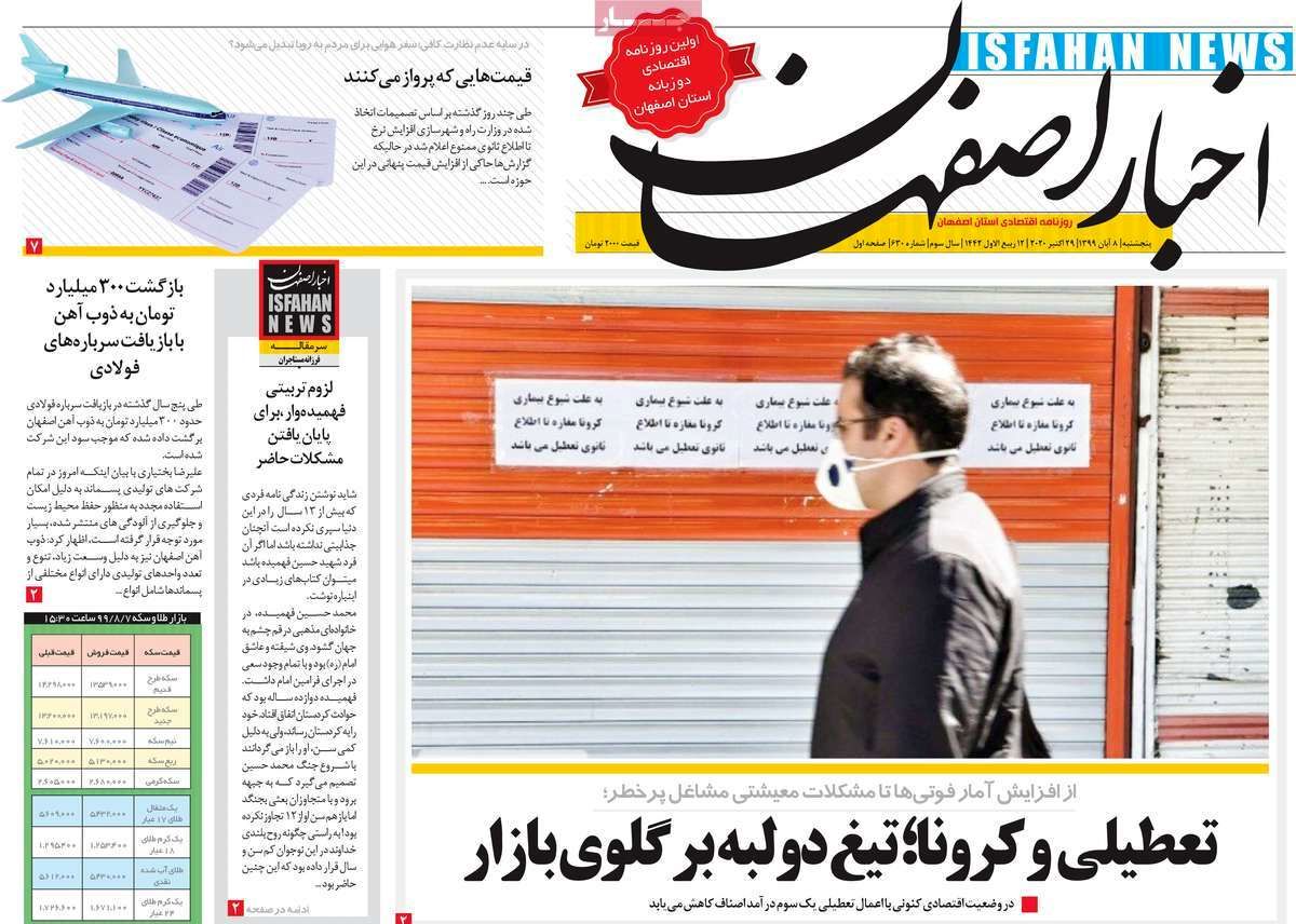 صفحه نخست روزنامه‌های امروز اصفهان پنجشنبه8 آبان  99