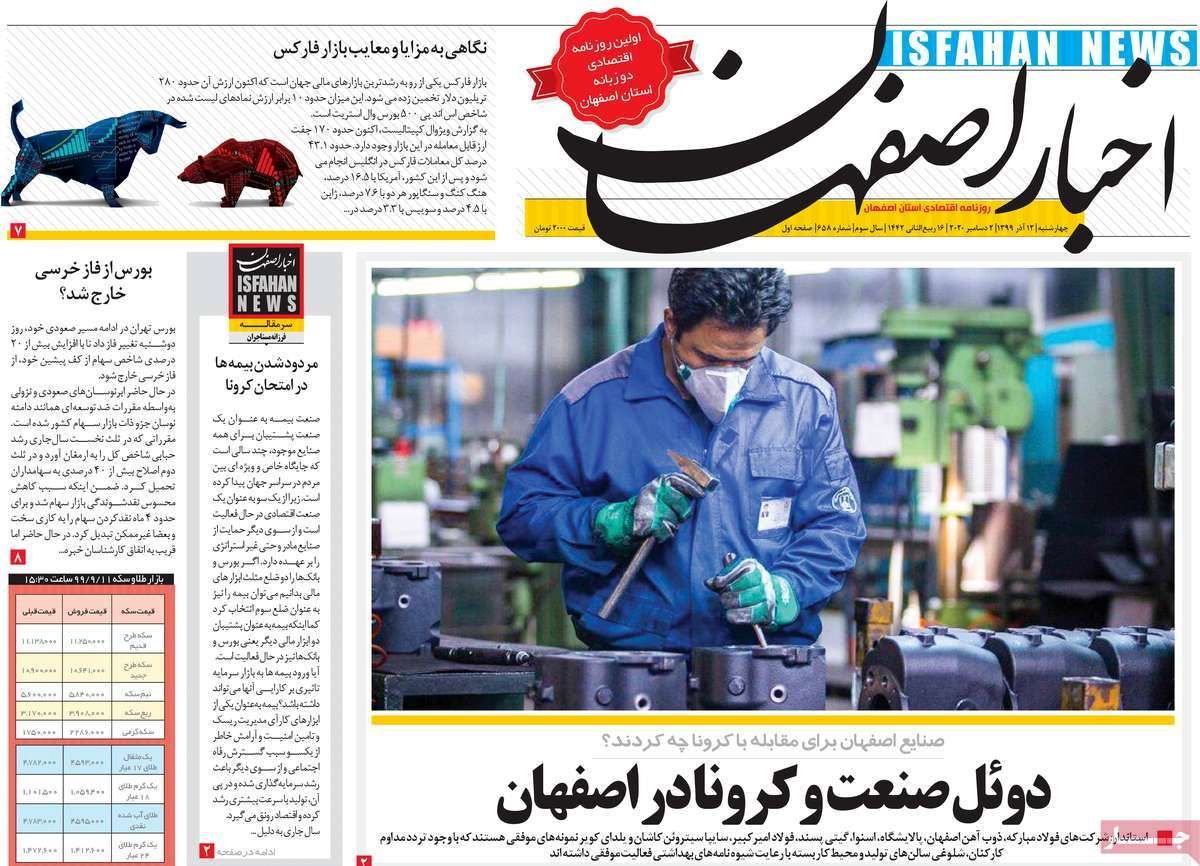 صفحه نخست روزنامه‌های امروز اصفهان چهارشنبه12 آذر  99