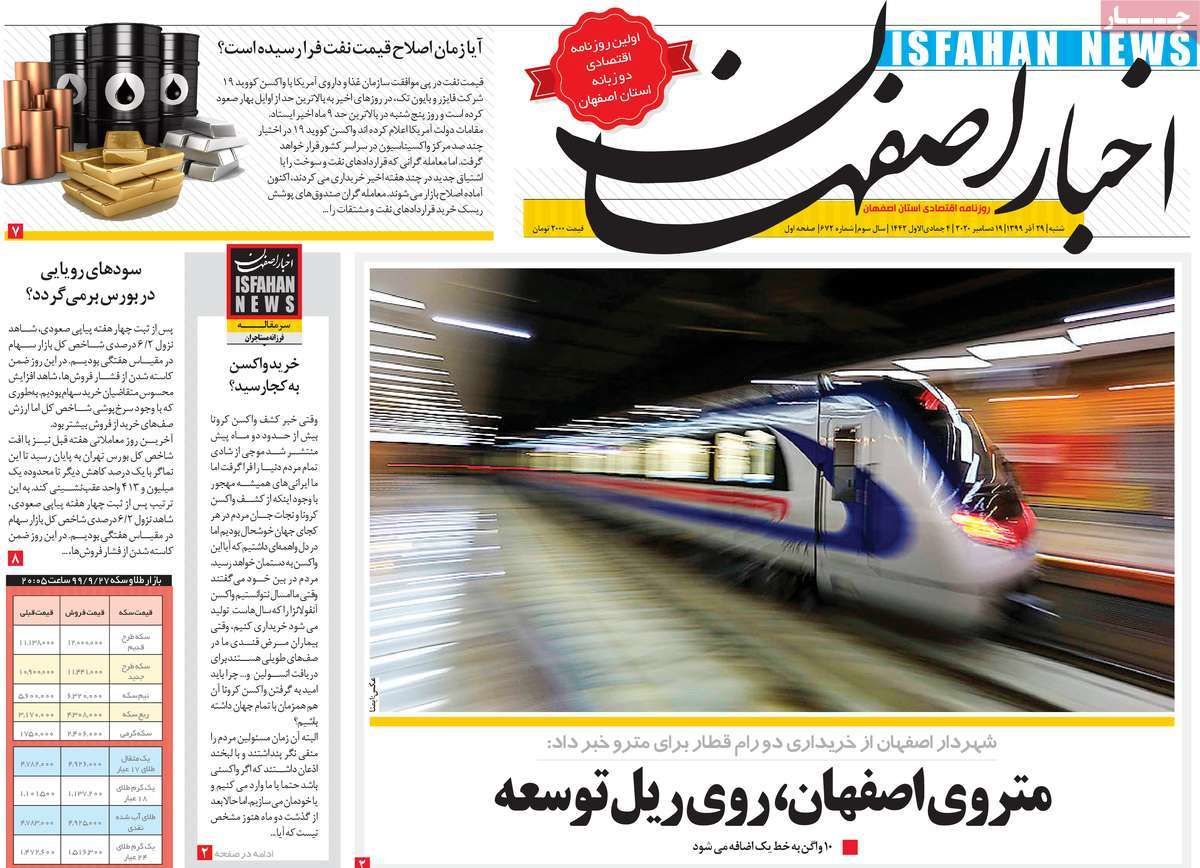 صفحه نخست روزنامه‌های امروز اصفهان شنبه29 آذر  99