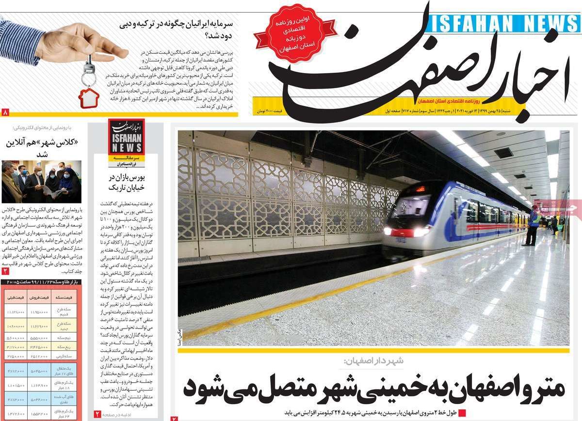 صفحه نخست روزنامه‌های امروز اصفهان شنبه25 بهمن 99