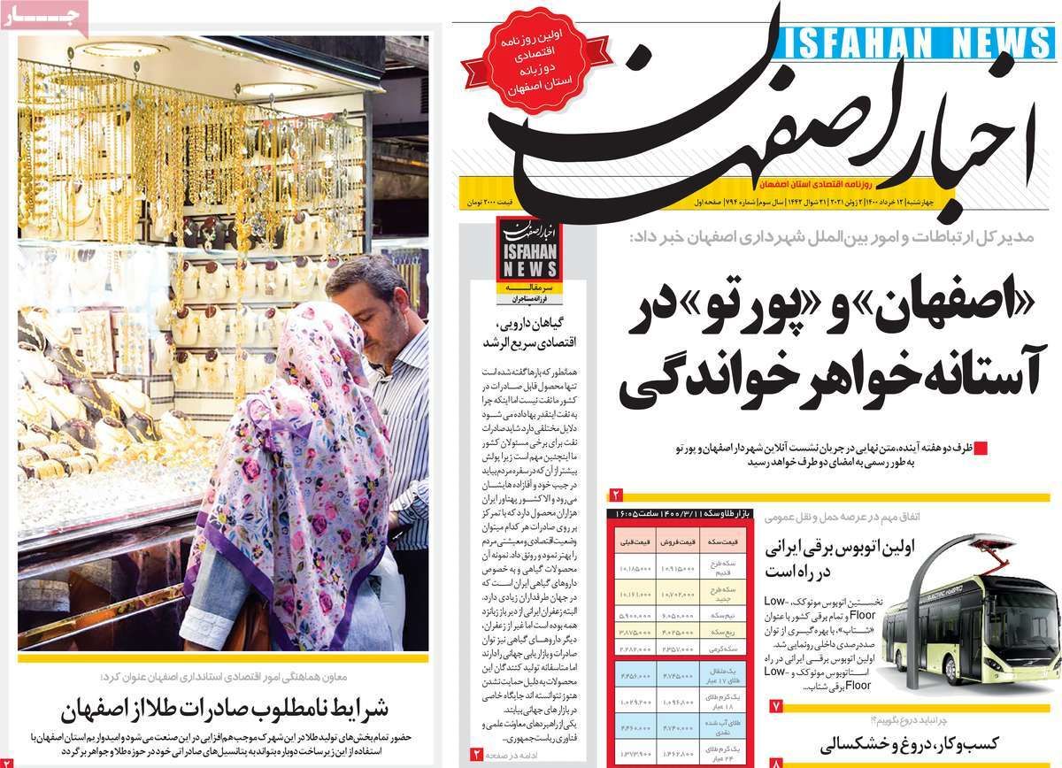 صفحه نخست روزنامه‌های امروز اصفهان چهارشنبه 12 خرداد 1400