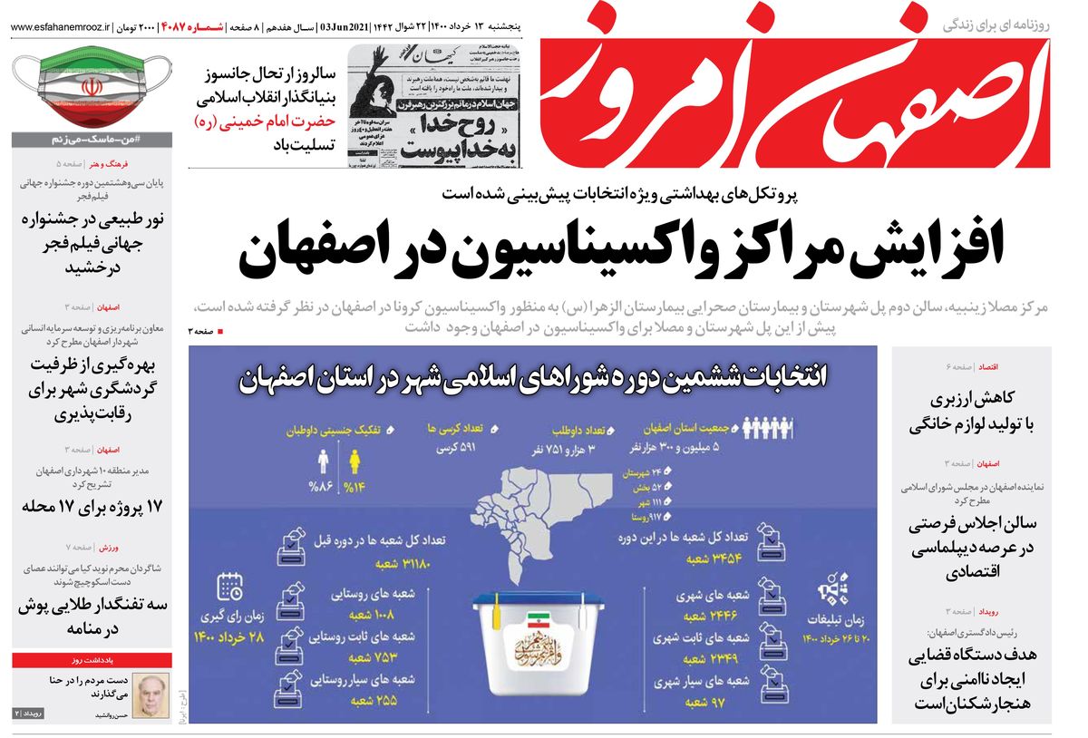 روزنامه اصفهان امروز شماره 4087؛ 13 خرداد 1400