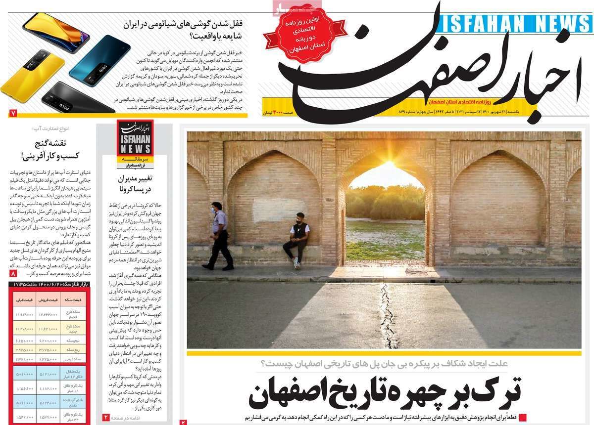 صفحه نخست روزنامه‌های امروز اصفهان یکشنبه 21 شهریور 1400
