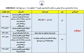 برنامه مراکز تجمعی و منتخب واکسیناسیون کووید ۱۹ اصفهان در روز پنجشنبه ۱۳ آبان‌ماه
