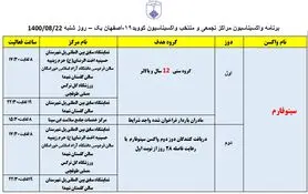 ‌برنامه مراکز تجمعی و منتخب واکسیناسیون کووید ۱۹ اصفهان در روز شنبه ۲۲ آبان‌ماه