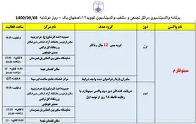 برنامه مراکز تجمعی و منتخب واکسیناسیون کووید ۱۹ اصفهان در روز دوشنبه ۸ آذرماه