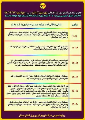 برنامه قطع برق سمنان چهارشنبه 27 تیر 97