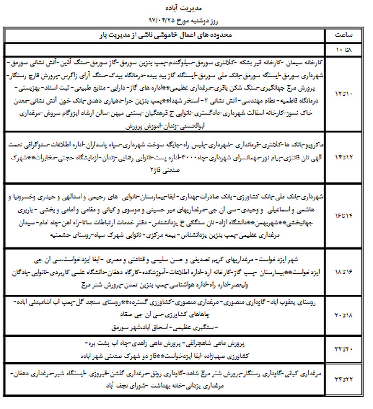 برنامه قطع برق شیراز دوشنبه 25 تیر 97