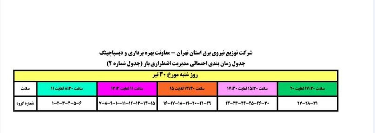 جدول زمانبندی برنامه قطع برق پاکدشت شنبه 30 تیر 97 استان تهران
