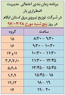 برنامه قطع برق ایلام پنجشنبه 28 تیر 97