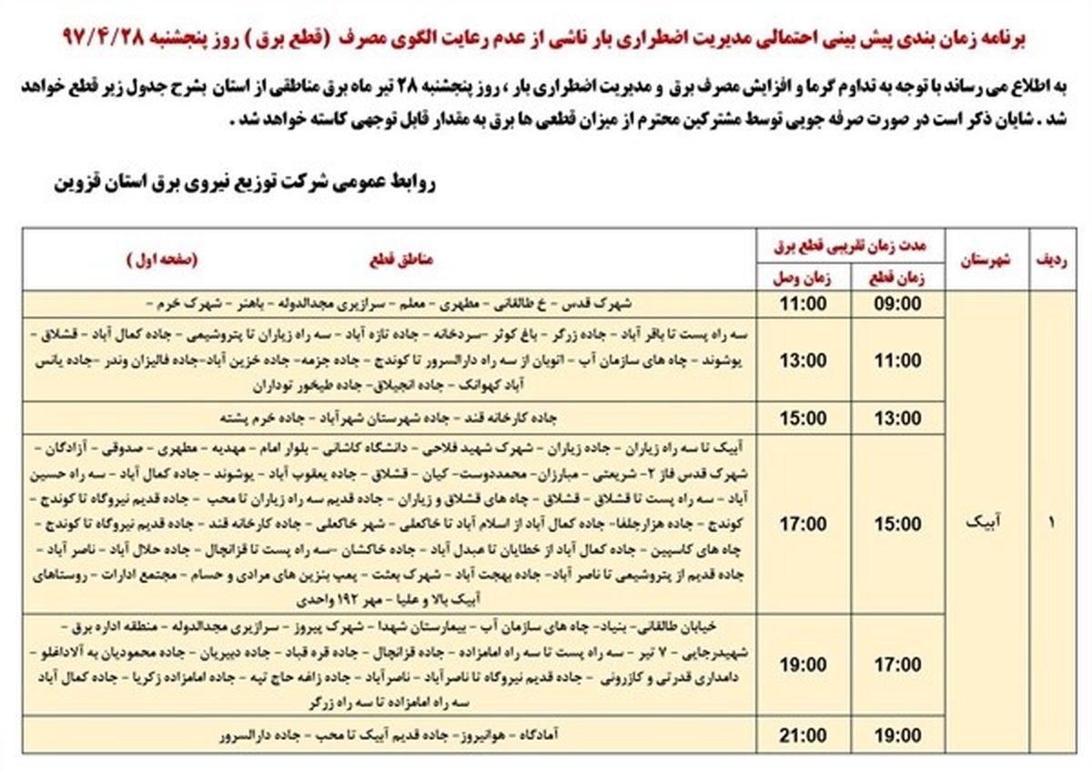 برنامه قطع برق قزوین پنجشنبه 28 تیر 97